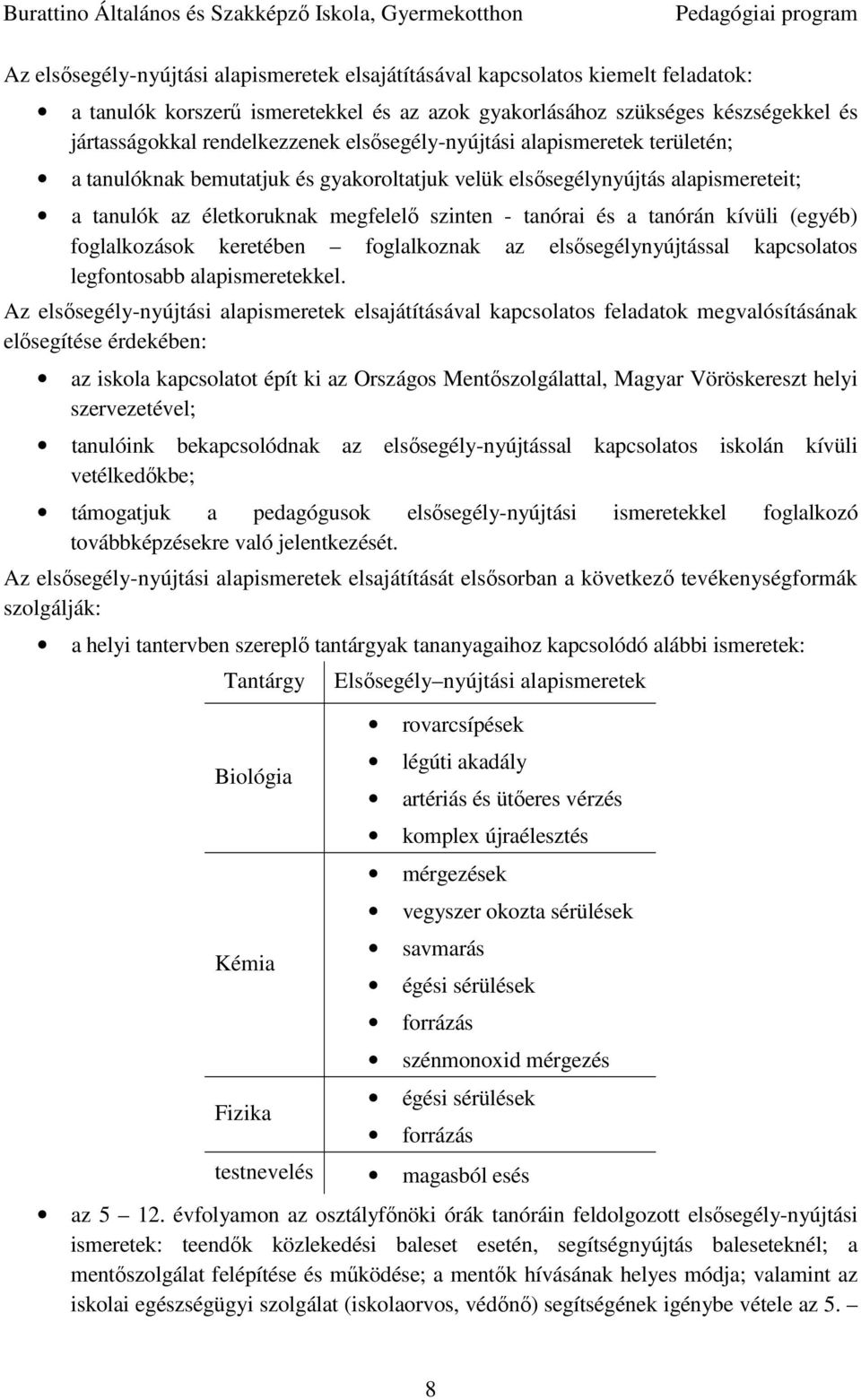 kívüli (egyéb) foglalkozások keretében foglalkoznak az elsősegélynyújtással kapcsolatos legfontosabb alapismeretekkel.