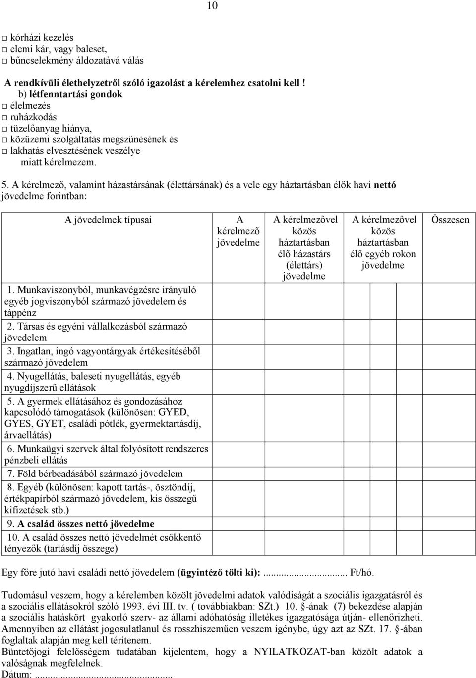 A kérelmező, valamint házastársának (élettársának) és a vele egy háztartásban élők havi nettó jövedelme forintban: A jövedelmek típusai 1.