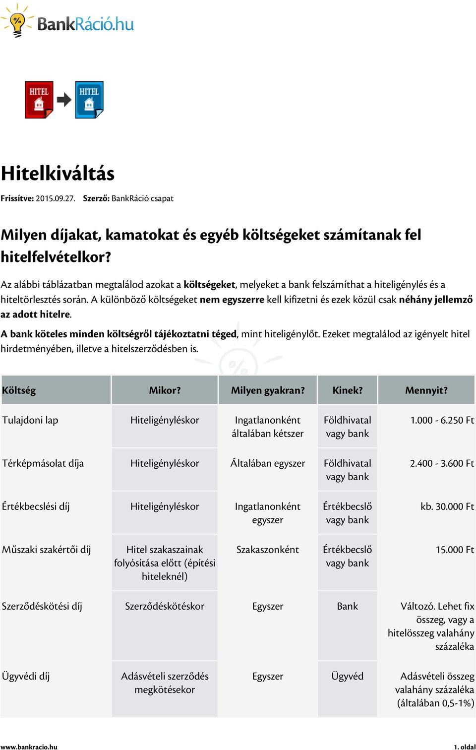 A különböző költségeket nem egyszerre kell kifizetni és ezek közül csak néhány jellemző az adott hitelre. A bank köteles minden költségről tájékoztatni téged, mint hiteligénylőt.