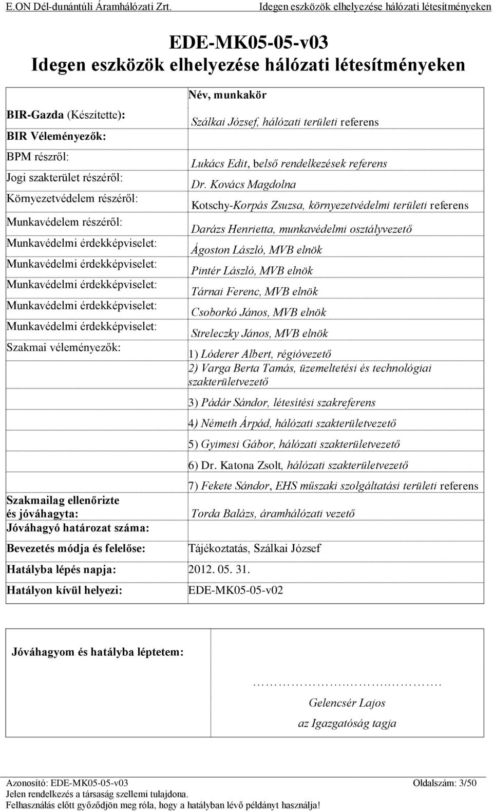 Bevezetés módja és felelőse: Név, munkakör Szálkai József, hálózati területi referens Lukács Edit, belső rendelkezések referens Dr. Kovács Magdolna Hatályba lépés napja: 2012. 05. 31.