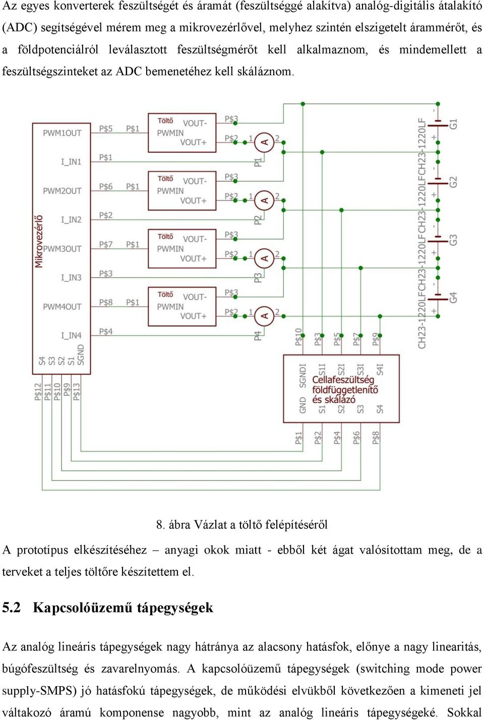 ábra Vázlat a töltő felépítéséről A prototípus elkészítéséhez anyagi okok miatt - ebből két ágat valósítottam meg, de a terveket a teljes töltőre készítettem el. 5.