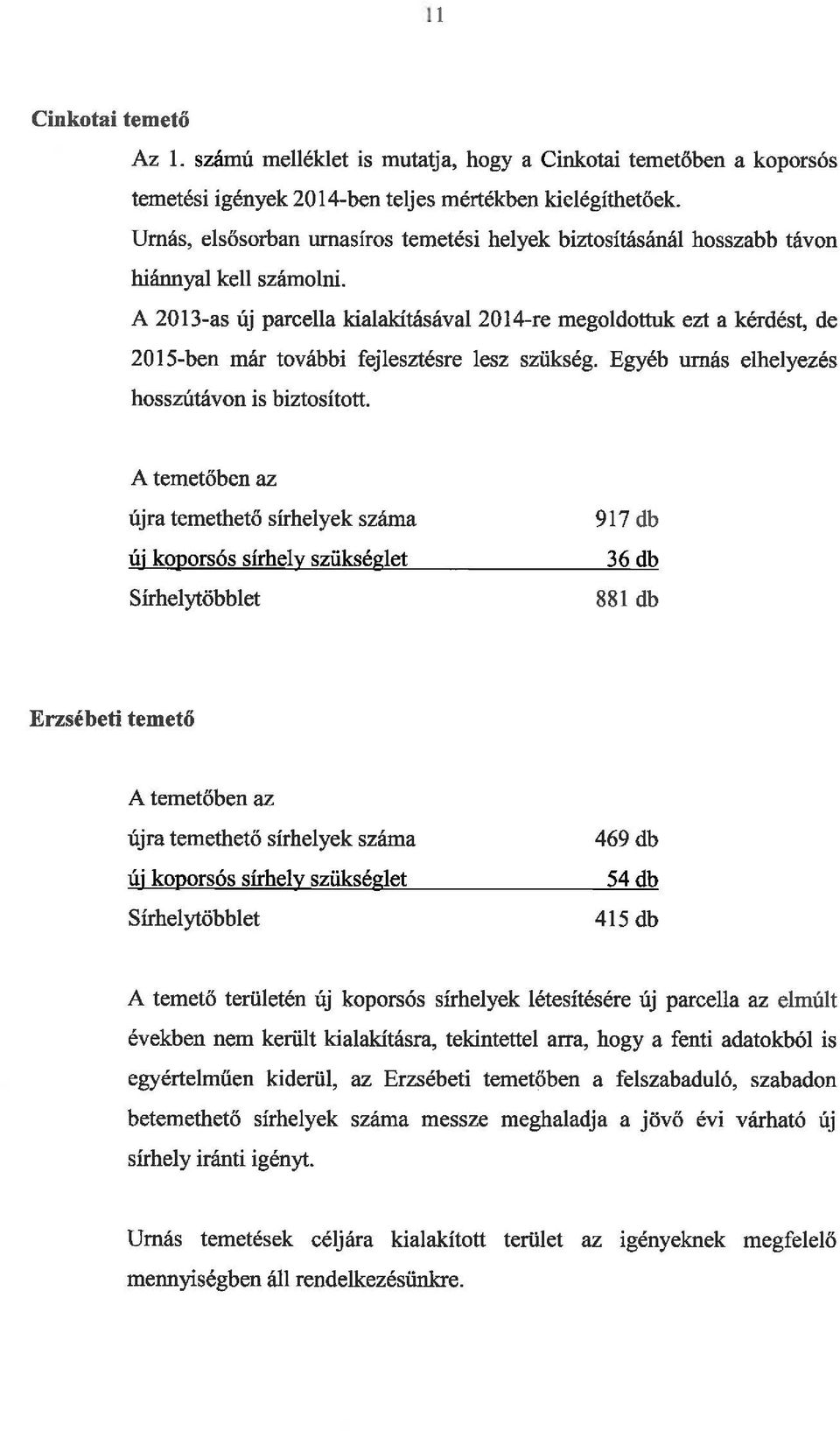 A 2013-as új parcella kialakításával 2014-re megoldottuk ezt a kérdést, de 2015-ben már további fejlesztésre lesz szükség. Egyéb umás elhelyezés hosszútávon is biztosított.