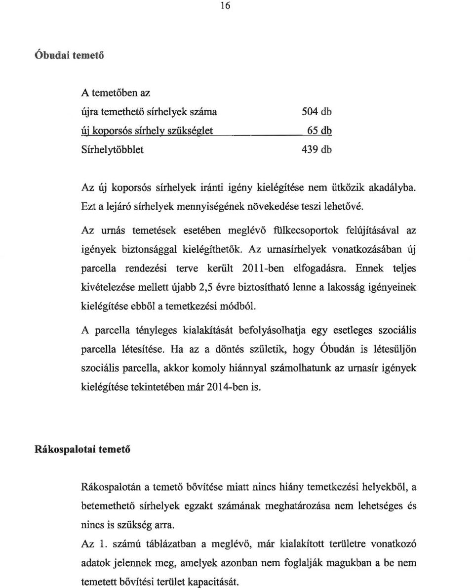 Az urnasírhelyek vonatkozásában új parcella rendezési terve került 20 ll-ben elfogadásra.