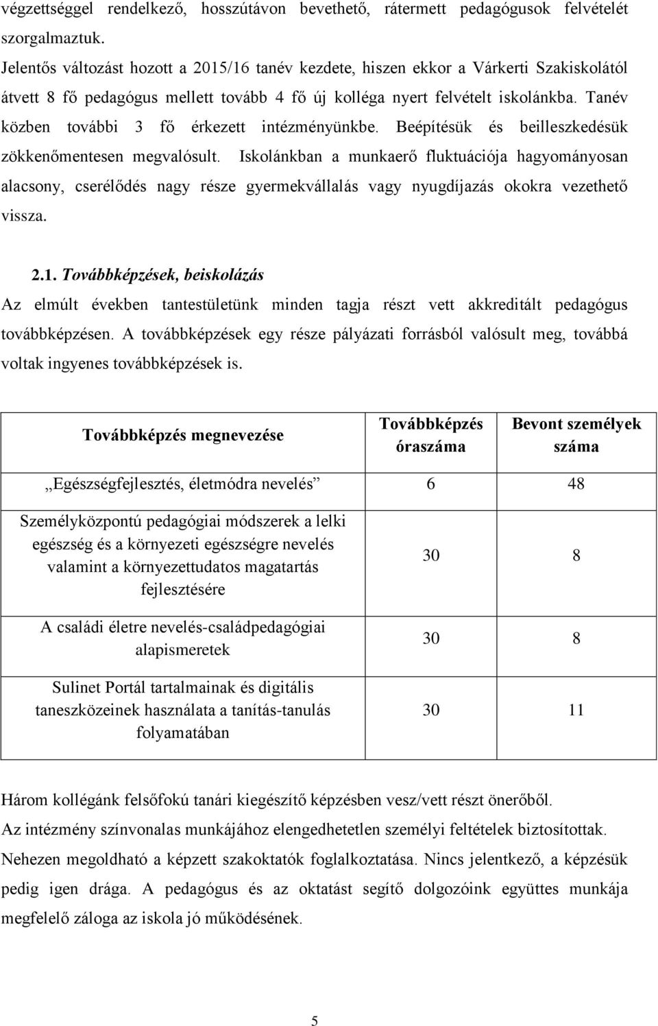 Tanév közben további 3 fő érkezett intézményünkbe. Beépítésük és beilleszkedésük zökkenőmentesen megvalósult.