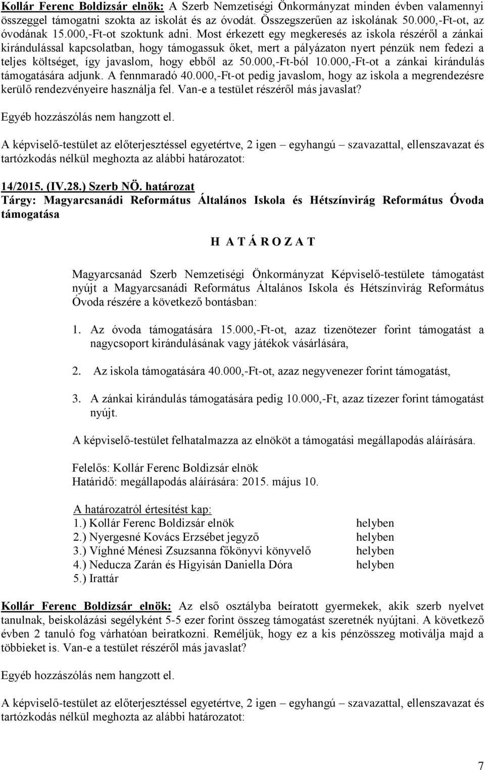 Most érkezett egy megkeresés az iskola részéről a zánkai kirándulással kapcsolatban, hogy támogassuk őket, mert a pályázaton nyert pénzük nem fedezi a teljes költséget, így javaslom, hogy ebből az 50.