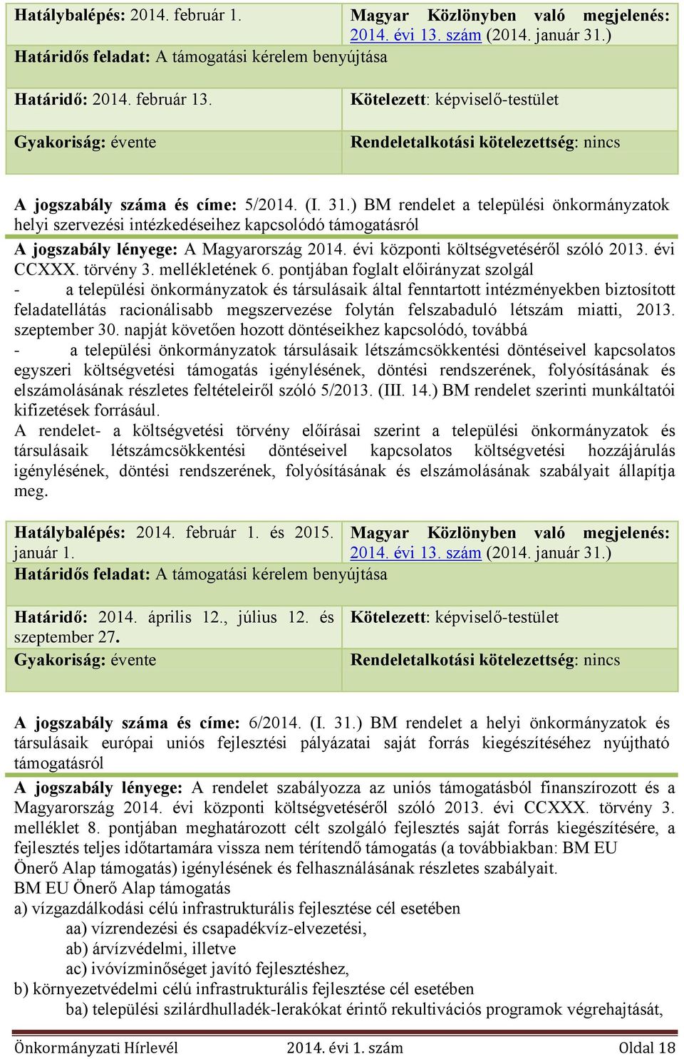 ) BM rendelet a települési önkormányzatok helyi szervezési intézkedéseihez kapcsolódó támogatásról A jogszabály lényege: A Magyarország 2014. évi központi költségvetéséről szóló 2013. évi CCXXX.