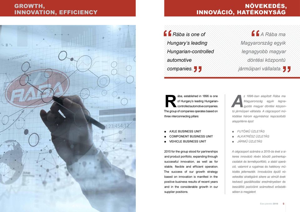 The group of companies operates based on three interconnecting pillars: A z 1896-ban alapított Rába ma Magyarország egyik legnagyobb magyar döntési központú járműipari vállalata.