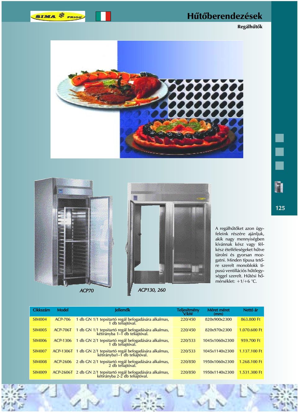 ACP70 ACP130, 260 Cikkszám Model Jellemõk Teljesítmény V/kW Méret méret (mm) Nettó ár SIM004 ACP-706 1 db GN 1/1 tepsitartó regál befogadására alkalmas, 1 db teliajtóval. 220/450 820x900x2300 863.