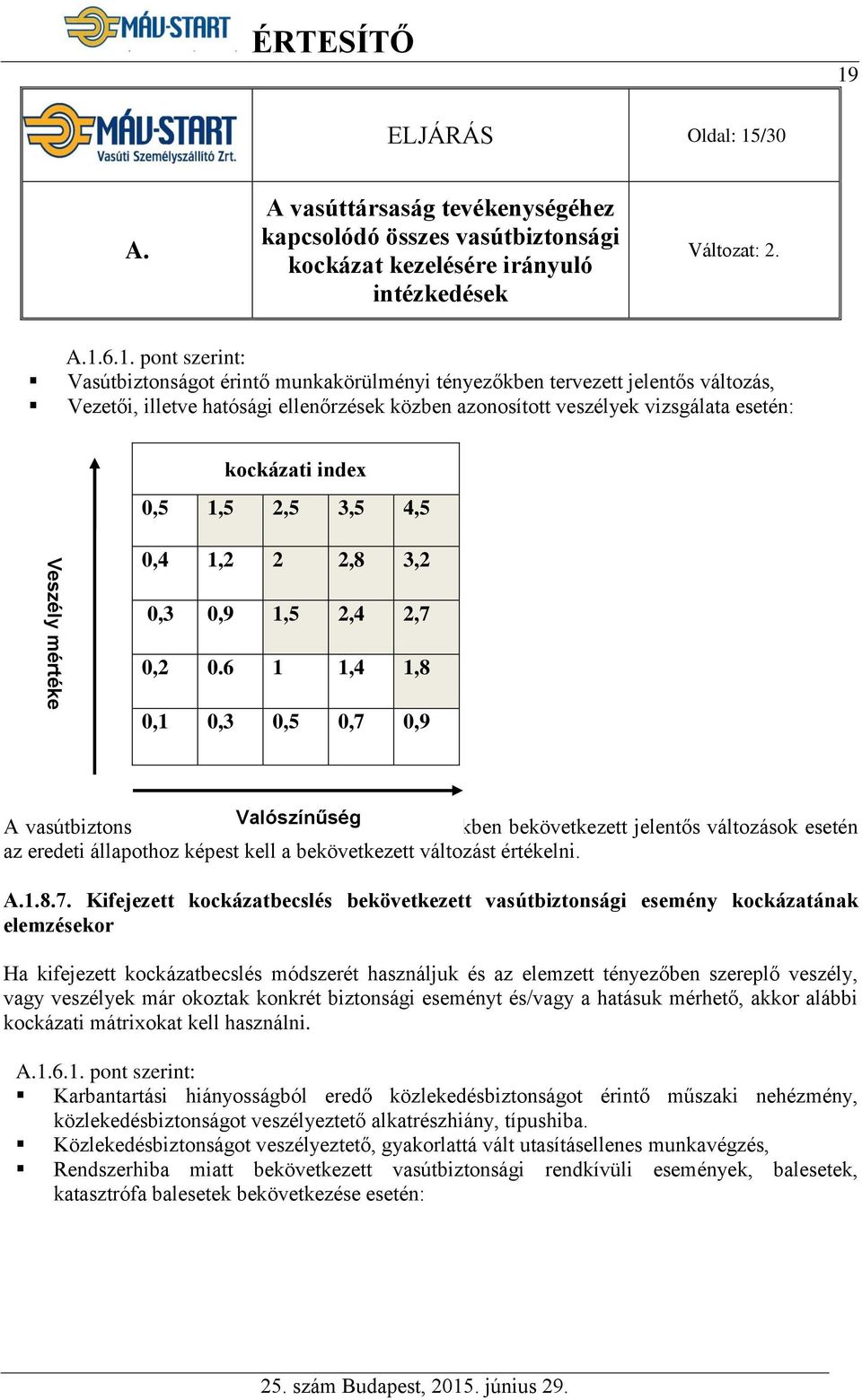 /30 A. A vasúttársaság tevékenységéhez kapcsolódó összes vasútbiztonsági kockázat kezelésére irányuló intézkedések A.1.