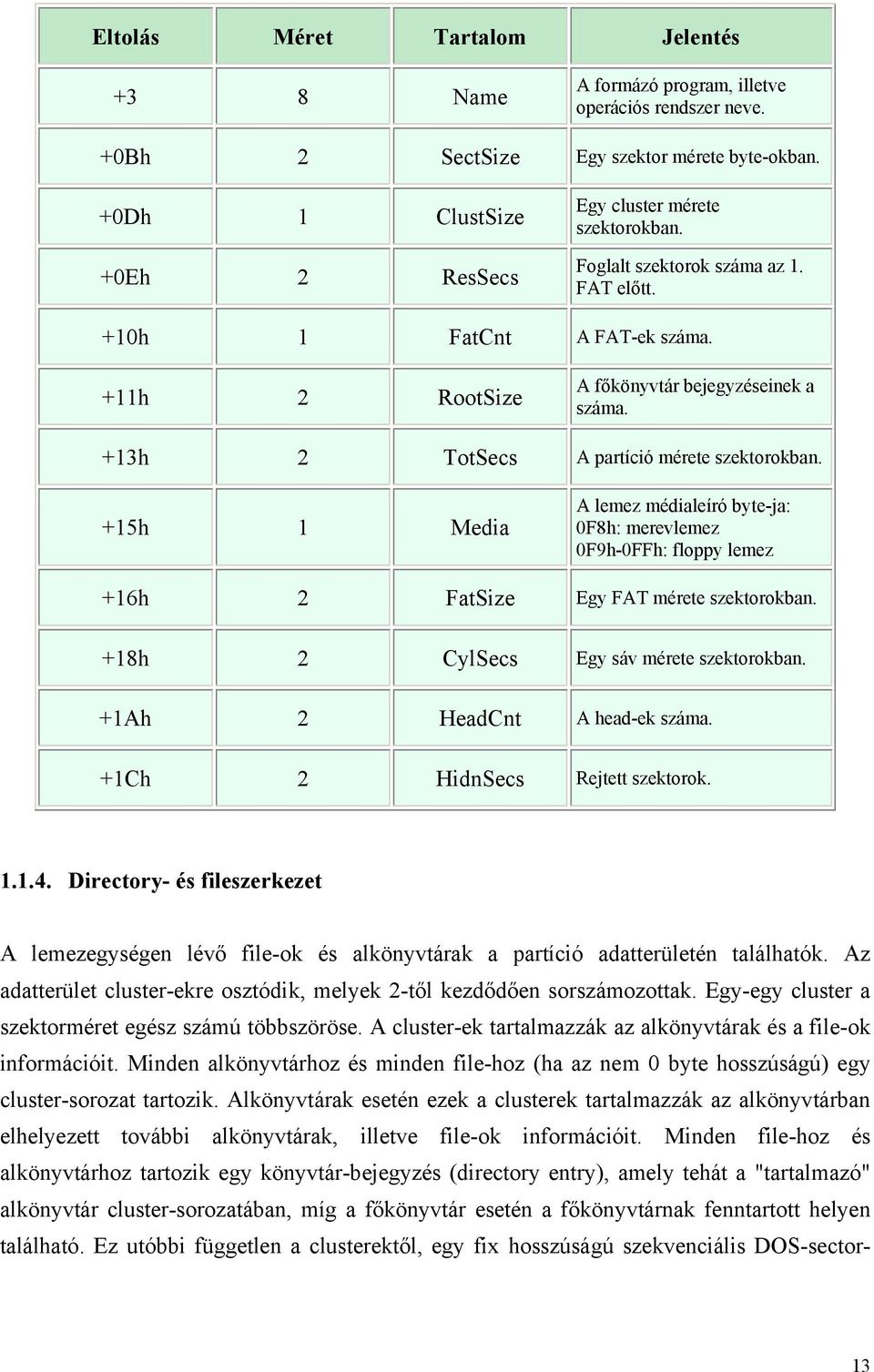 +13h 2 TotSecs A partíció mérete szektorokban. +15h 1 Media A lemez médialeíró byte-ja: 0F8h: merevlemez 0F9h-0FFh: floppy lemez +16h 2 FatSize Egy FAT mérete szektorokban.