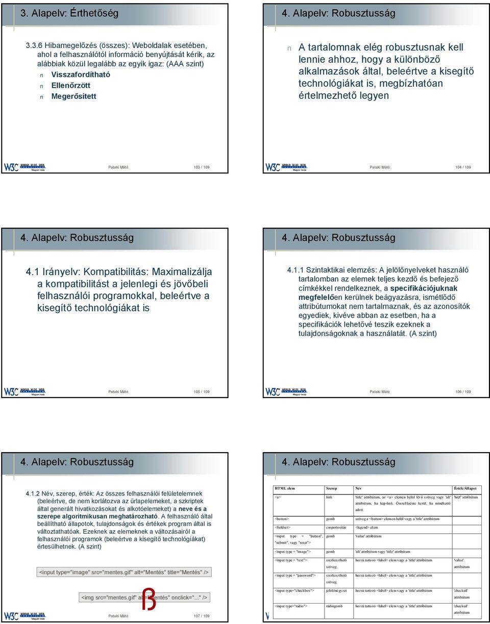 tartalomnak elégrobusztusnak kell lennie ahhoz, hogy a különböző alkalmazások által, beleértve a kisegítő technológiákat is, megbízhatóan értelmezhető legyen Pataki Máté 103 / 109 Pataki Máté 104 /