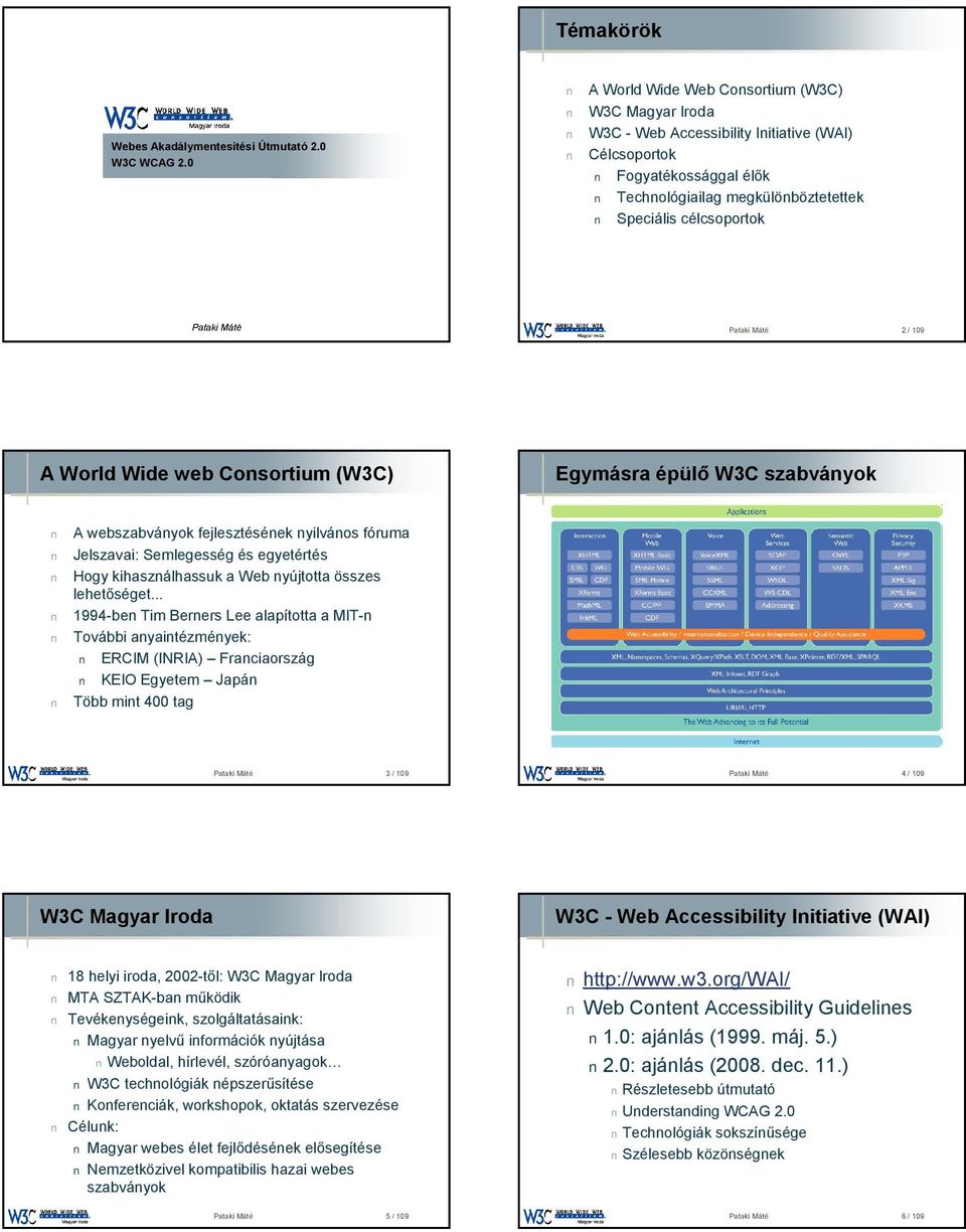 Pataki Máté 2/ 109 A World Wide web Consortium (W3C) Egymásra épülő W3C szabványok A webszabványok fejlesztésének nyilvános fóruma Jelszavai: Semlegesség és egyetértés Hogy kihasználhassuk a Web