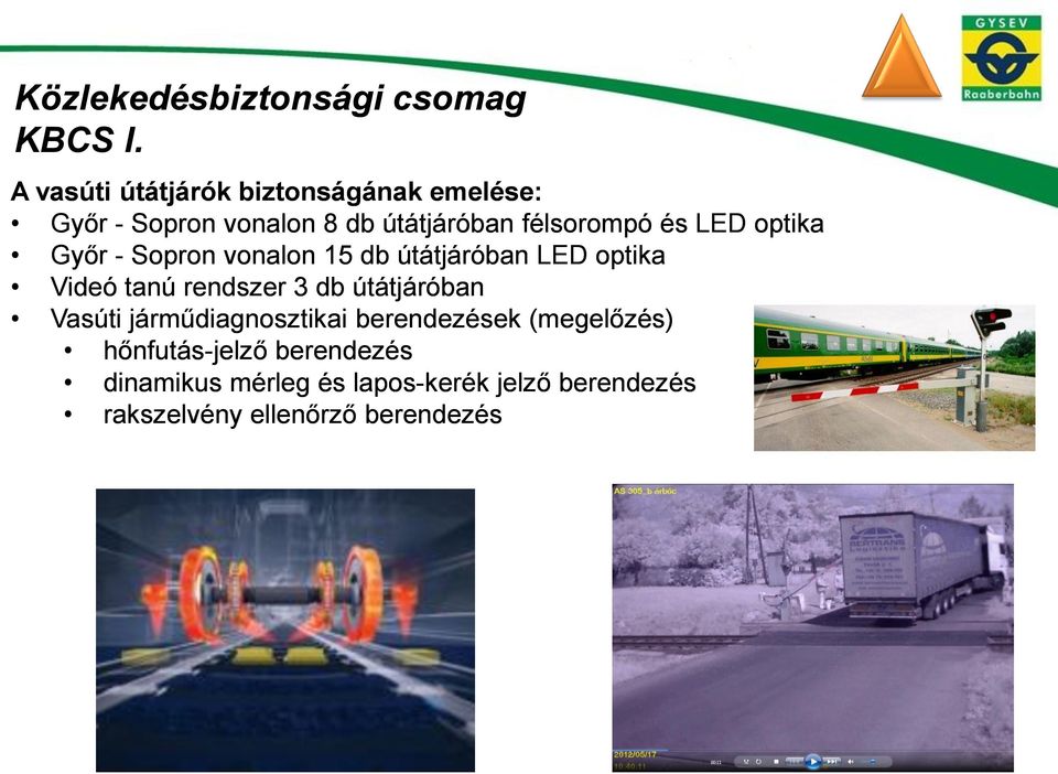 LED optika Győr - Sopron vonalon 15 db útátjáróban LED optika Videó tanú rendszer 3 db