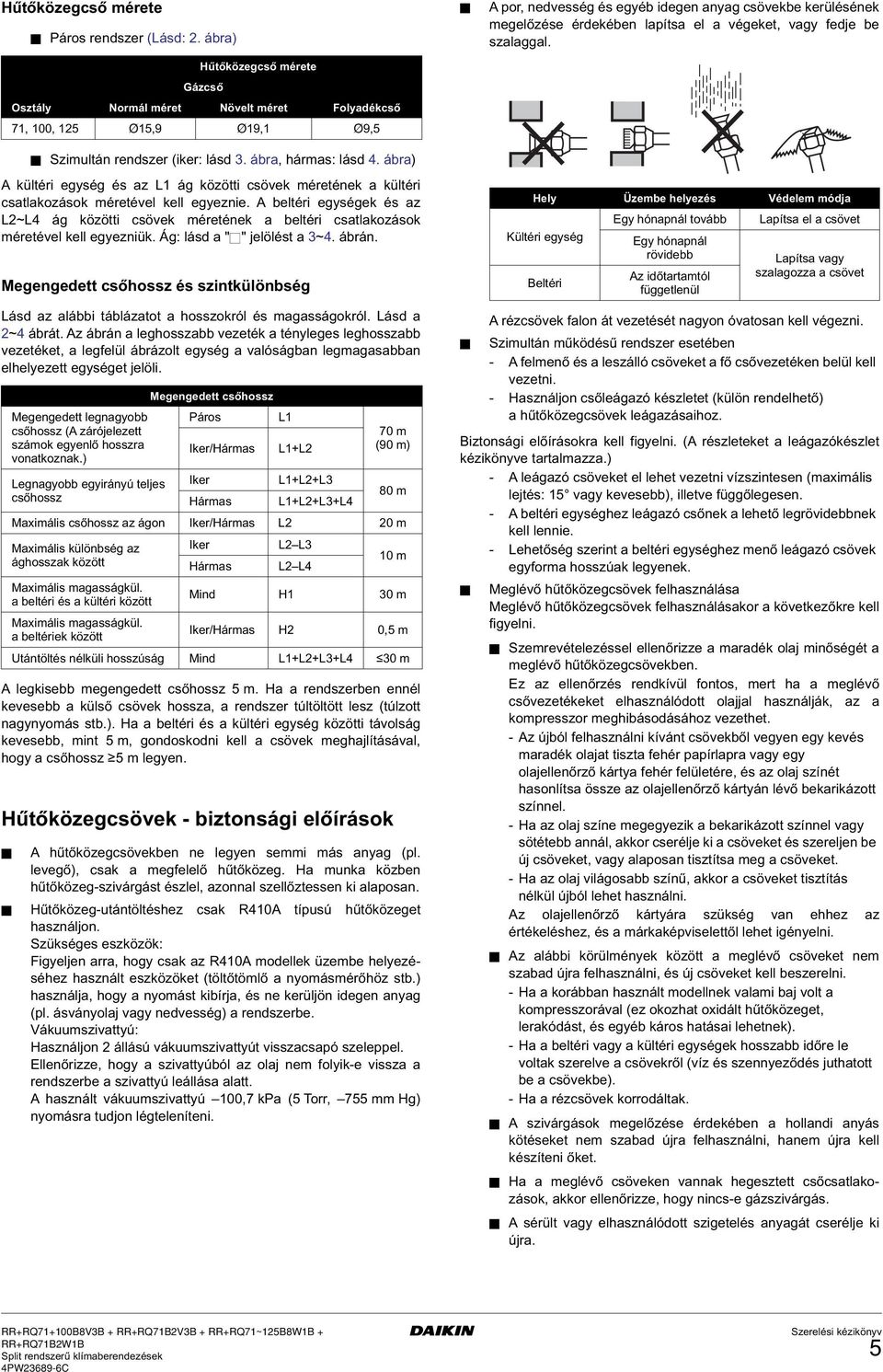 beltéri egységek és az L~L4 ág közötti csövek méretének a beltéri csatlakozások méretével kell egyezniük. Ág: lásd a "" jelölést a ~4. ábrán.