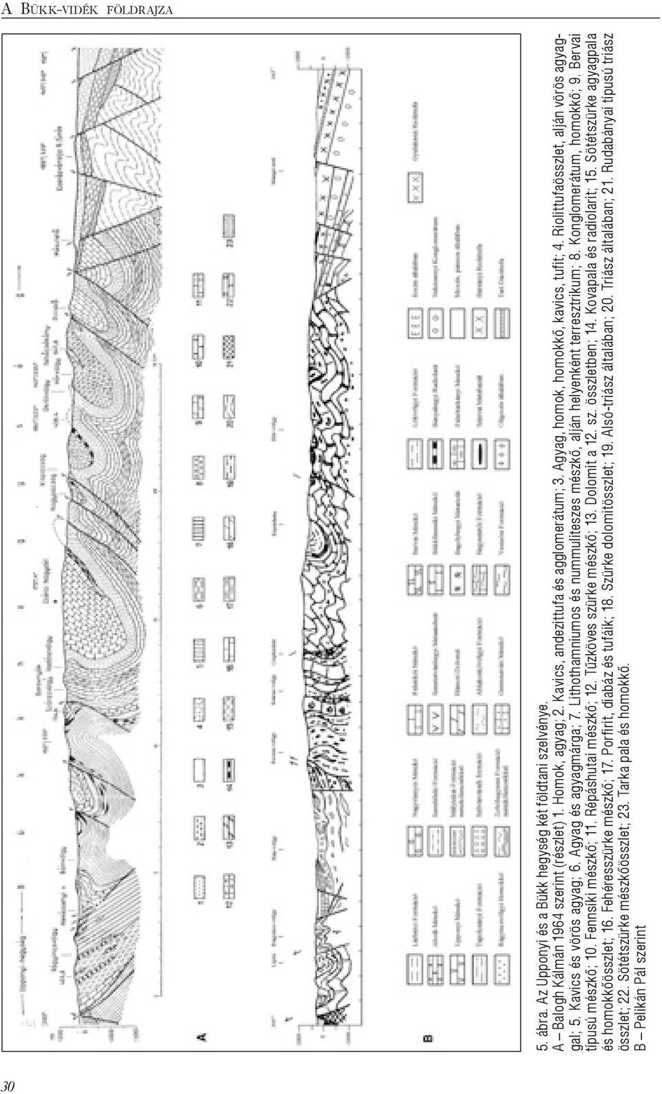 Lithothamniumos és nummuliteszes mészkő, alján helyenként terresztrikum; 8. Konglomerátum, homokkő; 9. Bervai típusú mészkő; 10. Fennsíki mészkő; 11. Répáshutai mészkő; 12. Tűzköves szürke mészkő; 13.