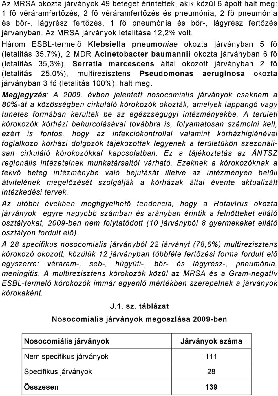 Három ESBL-termelő Klebsiella pneumoniae okozta járványban 5 fő (letalitás 35,7%), 2 MDR Acinetobacter baumannii okozta járványban 6 fő (letalitás 35,3%), Serratia marcescens által okozott járványban