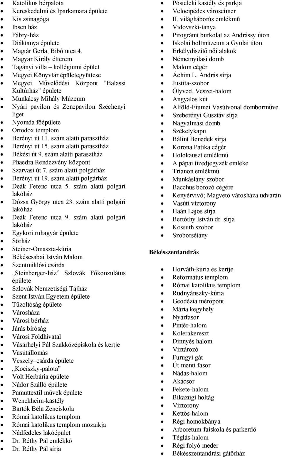 Széchenyi liget Nyomda főépülete Ortodox templom Berényi út 11. szám alatti parasztház Berényi út 15. szám alatti parasztház Békési út 9.