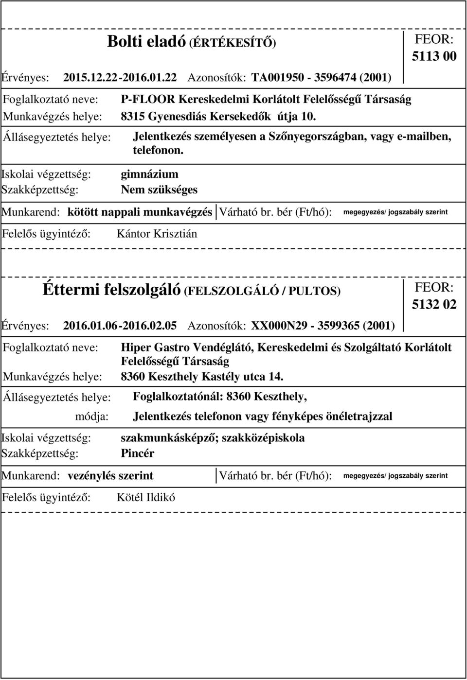 05 Azonosítók: XX000N29-3599365 (2001) 5132 02 Hiper Gastro Vendéglátó, Kereskedelmi és Szolgáltató Korlátolt Felelősségű Társaság 8360 Keszthely Kastély utca 14.