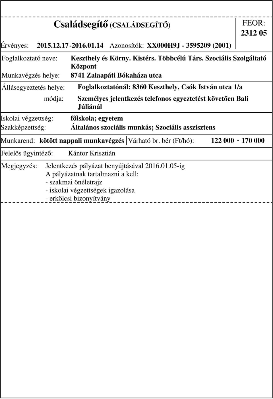 Szociális Szolgáltató Központ 8741 Zalaapáti Bókaháza utca Foglalkoztatónál: 8360 Keszthely, Csók István utca 1/a 122 000-170 000 Személyes