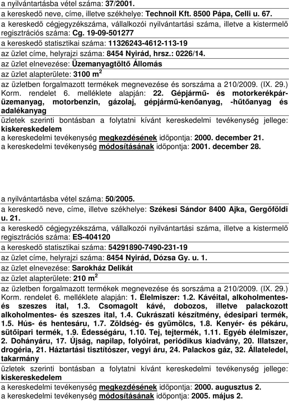 az üzlet elnevezése: Üzemanyagtöltı Állomás az üzlet alapterülete: 3100 m 2 Korm. rendelet 6. melléklete alapján: 22.