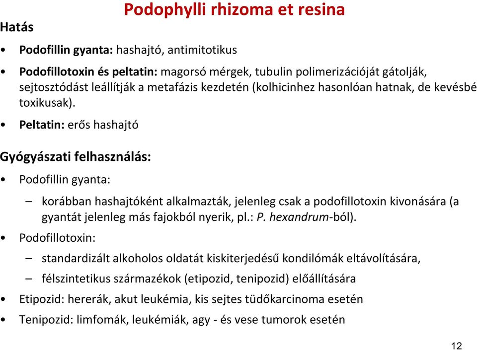 Peltatin: erős hashajtó Gyógyászati felhasználás: Podofillin gyanta: korábban hashajtóként alkalmazták, jelenleg csak a podofillotoxin kivonására (a gyantát jelenleg más fajokból nyerik,