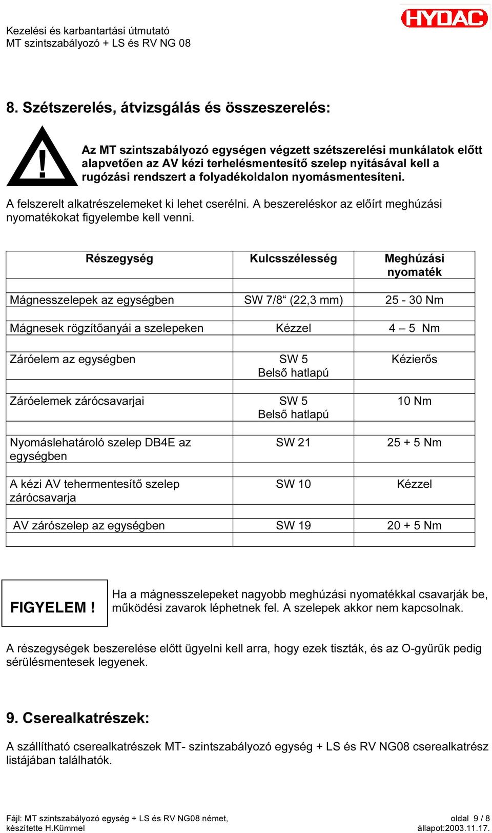 A felszerelt alkatrészelemeket ki lehet cserélni. A beszereléskor az előírt meghúzási nyomatékokat figyelembe kell venni.