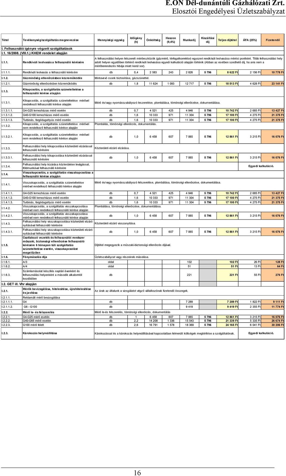 16/2008. (VIII.1.) KHEM rendelet alapján I.1.1. Rendkívüli leolvasás a felhasználó kérésére A felhasználási helyen felszerelt mérőeszközök (gázmérő, térfogatkorrektor) egyszeri rendkívüli leolvasása mérési pontként.