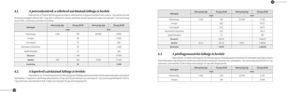 1 kg nyersanyag ára 0,1 EUR, a szárítmány bevétele 3,5 EUR/kg.