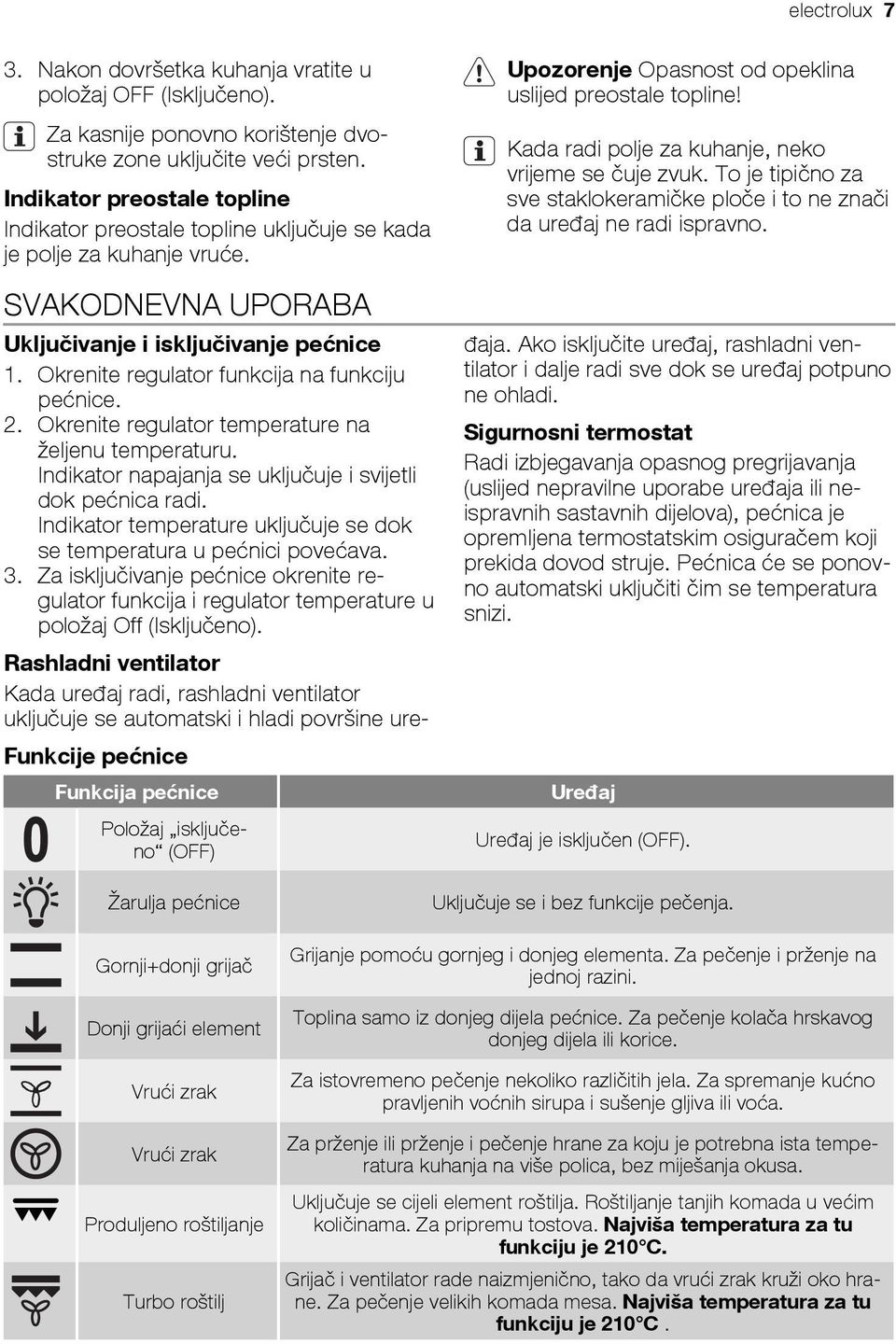 SVAKODNEVNA UPORABA Funkcije pećnice Funkcija pećnice Položaj isključeno (OFF) Upozorenje Opasnost od opeklina uslijed preostale topline! Kada radi polje za kuhanje, neko vrijeme se čuje zvuk.