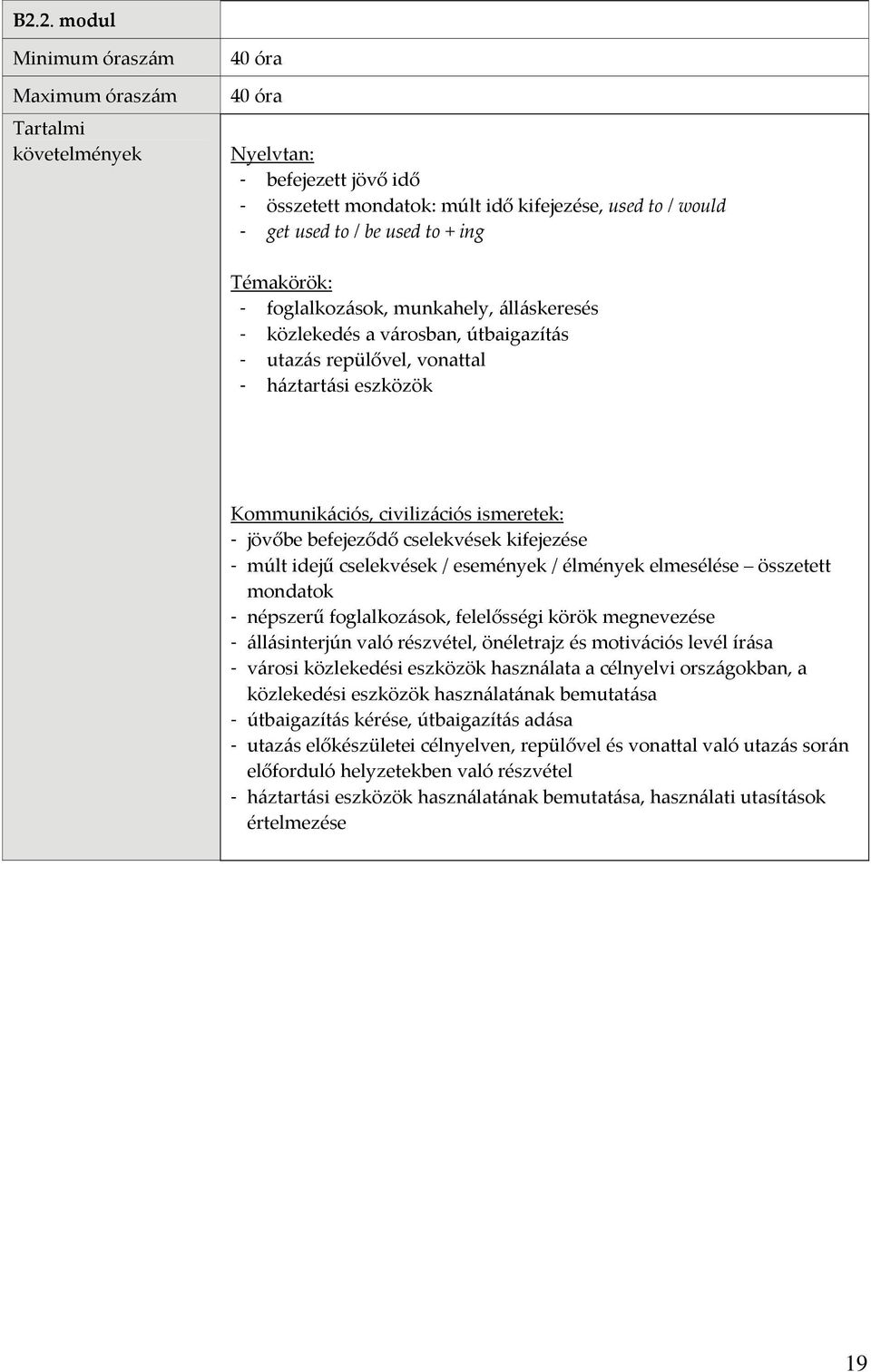 élmények elmesélése összetett mondatok - népszerű foglalkozások, felelősségi körök megnevezése - állásinterjún való részvétel, önéletrajz és motivációs levél írása - városi közlekedési eszközök