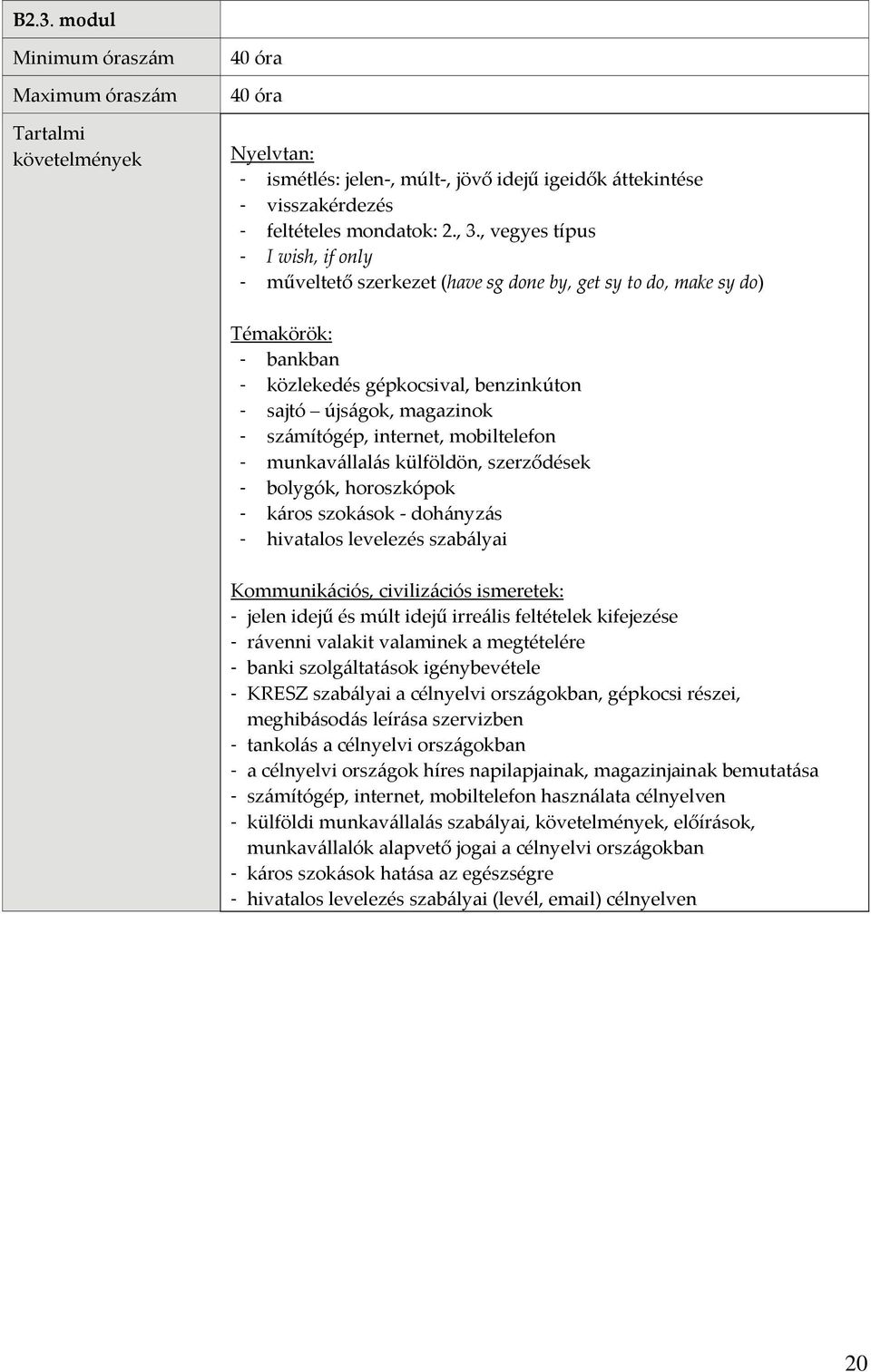 mobiltelefon - munkavállalás külföldön, szerződések - bolygók, horoszkópok - káros szokások dohányzás - hivatalos levelezés szabályai Kommunikációs, civilizációs ismeretek: - jelen idejű és múlt