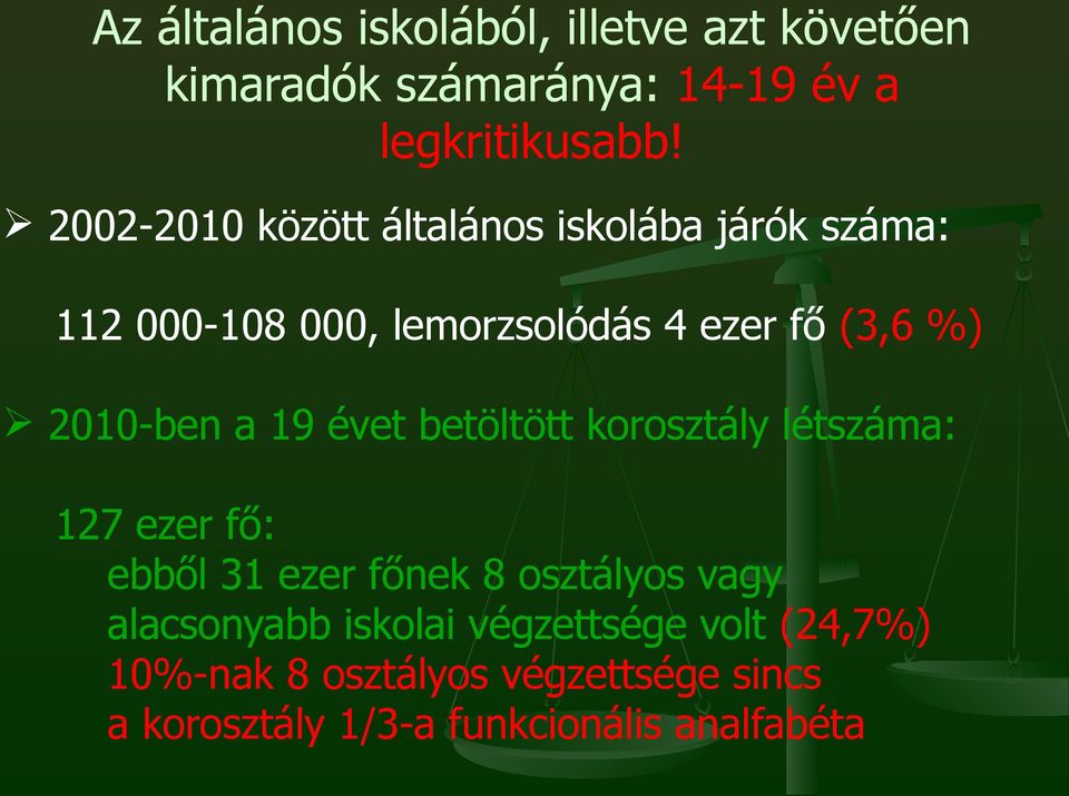 2010-ben a 19 évet betöltött korosztály létszáma: 127 ezer fő: ebből 31 ezer főnek 8 osztályos vagy