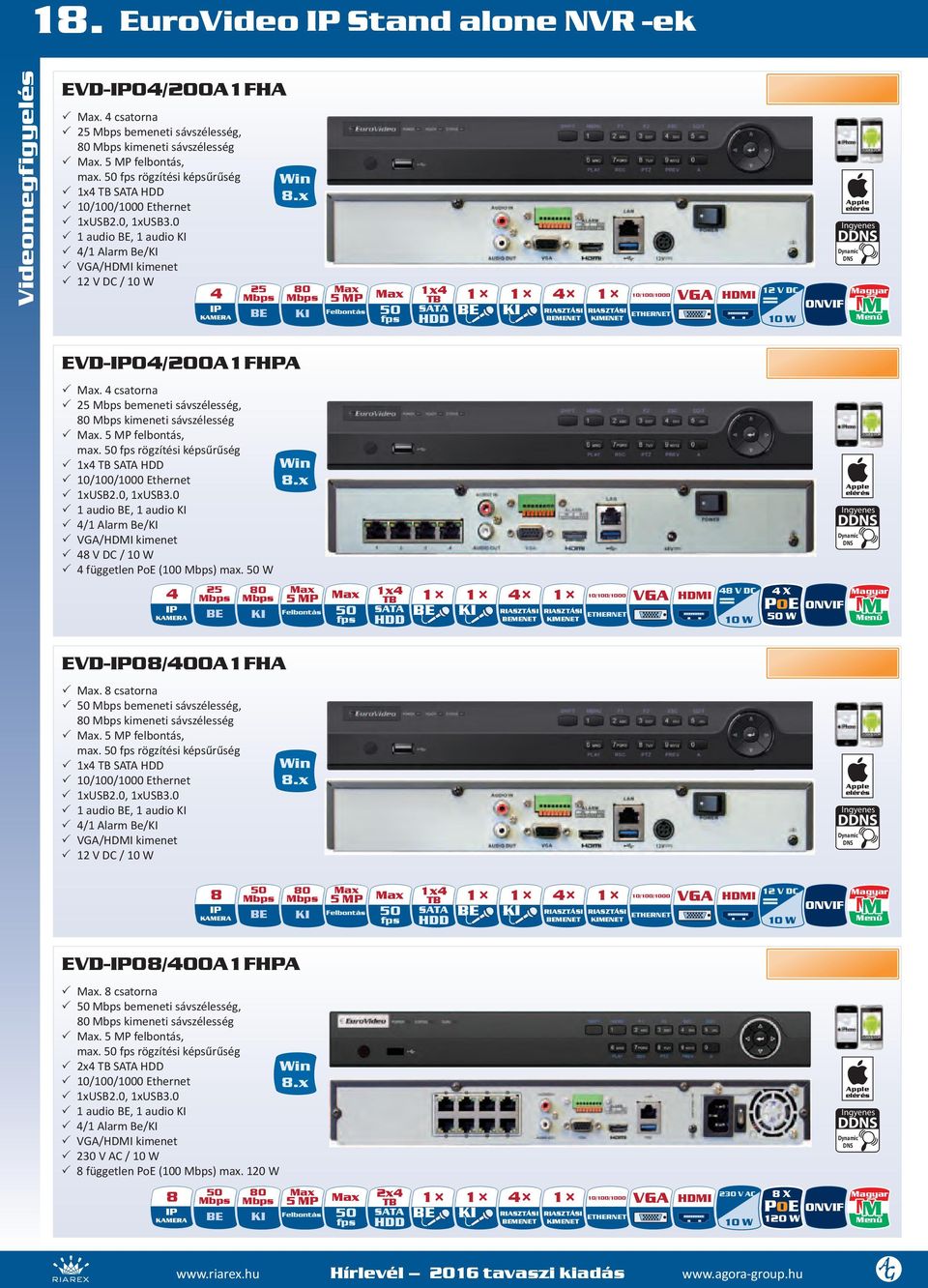 0 1 audio BE, 1 audio KI 4/1 Alarm Be/KI VGA/HDMI kimenet 1 V DC / 10 W 5 4 Mbps IP KAMERA BE 80 Mbps KI Max 5 MP Felbontás Max 50 fps 1x4 TB SATA HDD BE KI 4 BEMENET KIMENET 10/100/1000 ETHERNET VGA