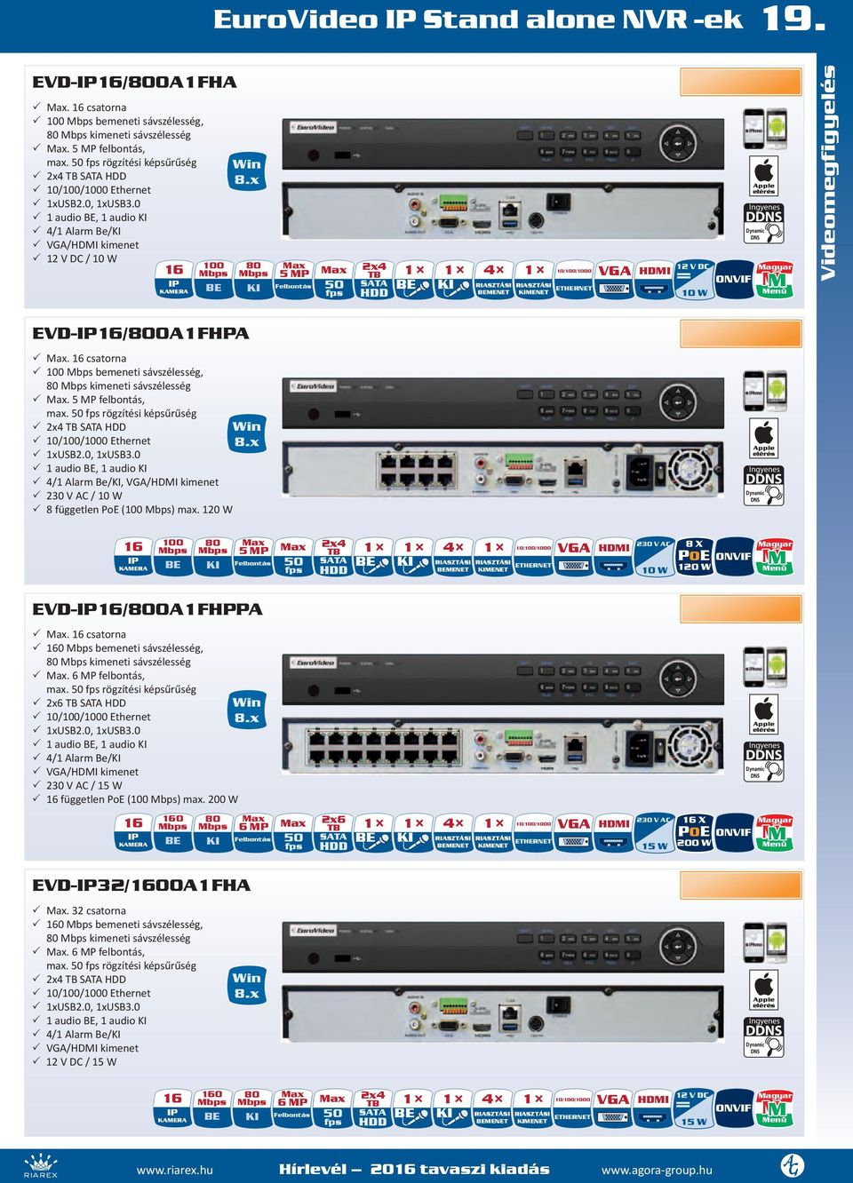 0 1 audio BE, 1 audio KI 4/1 Alarm Be/KI VGA/HDMI kimenet 1 V DC / 10 W 100 16 Mbps IP KAMERA BE 80 Mbps KI Max 5 MP Felbontás Max 50 fps x4 TB SATA HDD BE KI 4 BEMENET KIMENET 10/100/1000 ETHERNET