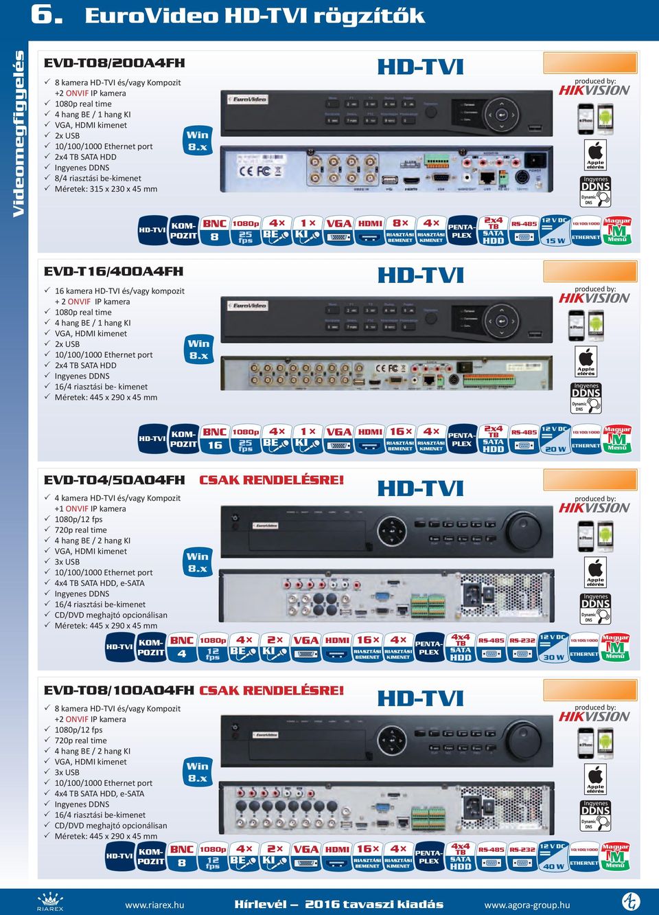 produced by: Apple elérés Ingyenes DDNS Dynamic DNS 10/100/1000 ETHERNET Magyar M Menü EVD-T16/400A4FH 16 kamera HD-TVI és/vagy kompozit + IP kamera 1080p real time 4 hang BE / 1 hang KI VGA, HDMI