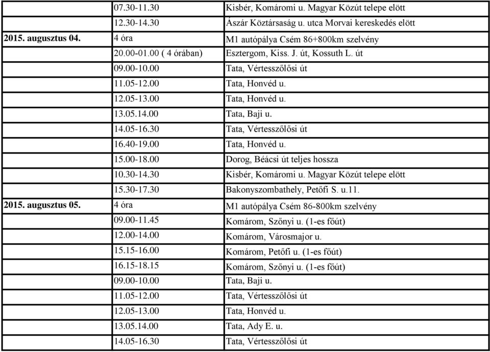 00-18.00 Dorog, Béácsi út teljes hossza 10.30-14.30 Kisbér, Komáromi u. Magyar Közút telepe elött 15.30-17.30 Bakonyszombathely, Petőfi S. u.11. 2015. augusztus 05.