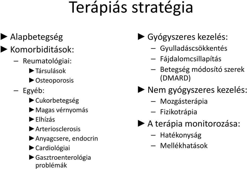 Gasztroenterológia problémák Gyógyszeres kezelés: Gyulladáscsökkentés Fájdalomcsillapítás Betegség