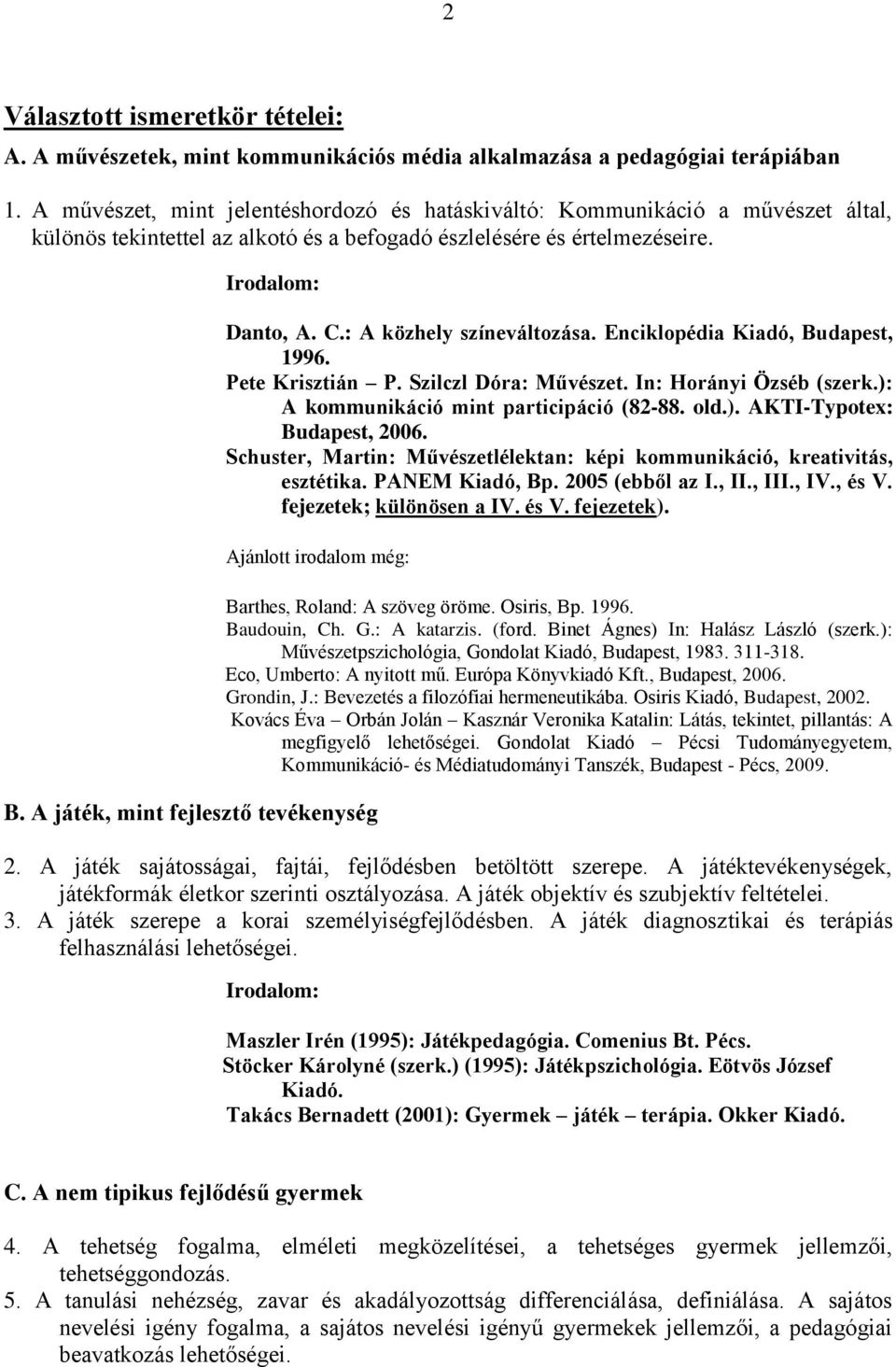 Enciklopédia Kiadó, Budapest, 1996. Pete Krisztián P. Szilczl Dóra: Művészet. In: Horányi Özséb (szerk.): A kommunikáció mint participáció (82-88. old.). AKTI-Typotex: Budapest, 2006.