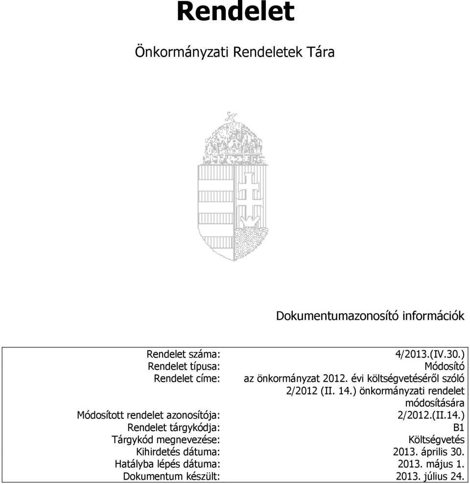 ) önkormányzati rendelet módosítására Módosított rendelet azonosítója: 2/2012.(II.14.