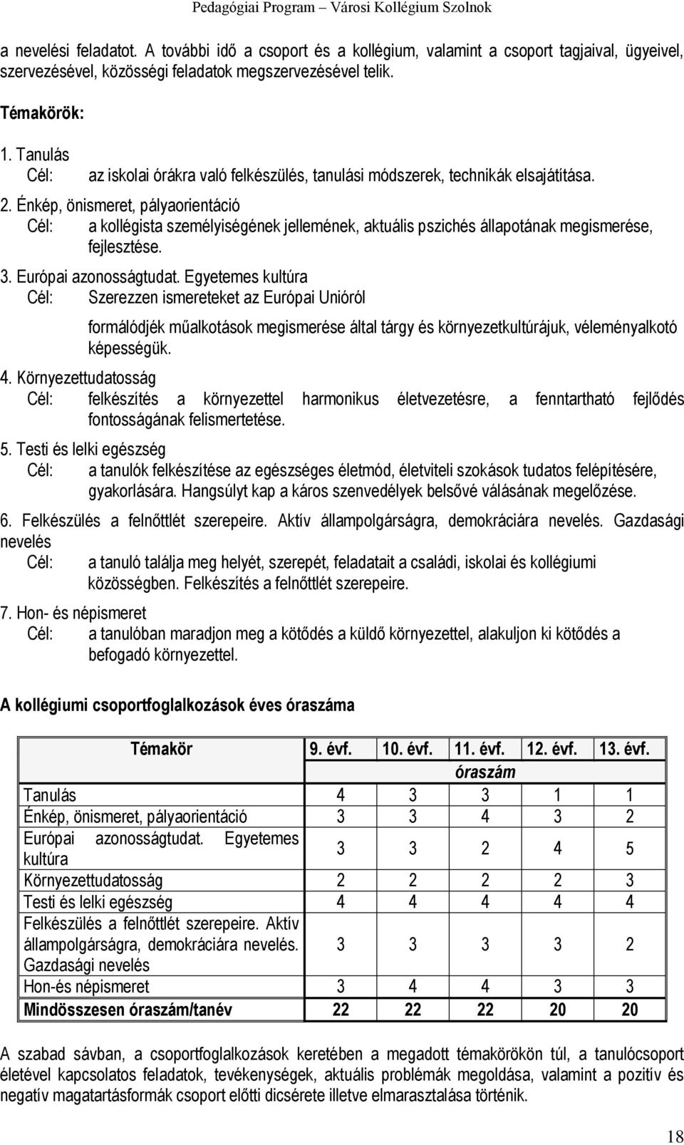 Énkép, önismeret, pályaorientáció Cél: a kollégista személyiségének jellemének, aktuális pszichés állapotának megismerése, fejlesztése. 3. Európai azonosságtudat.