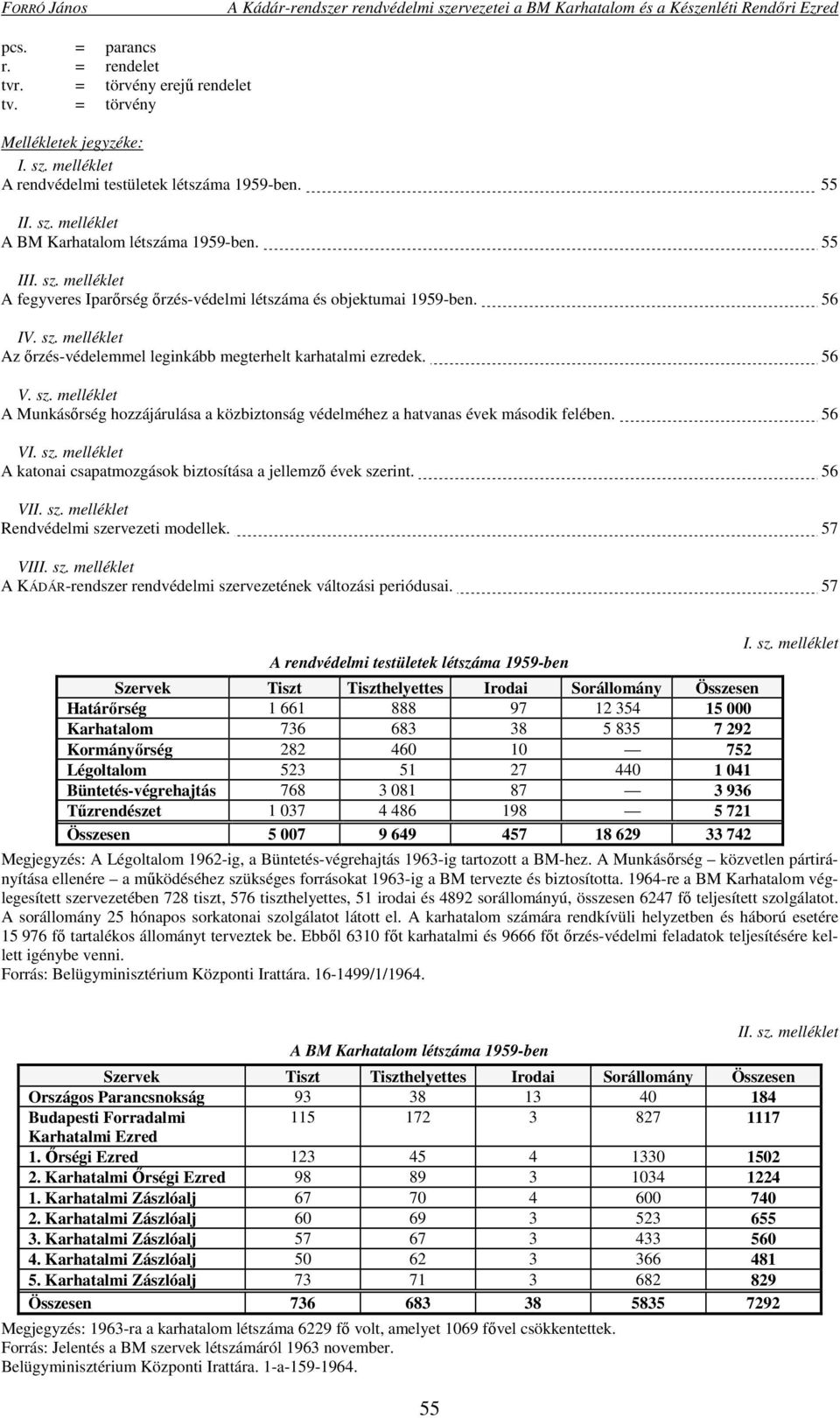 56 VI. sz. melléklet A katonai csapatmozgások biztosítása a jellemző évek szerint. 56 VII. sz. melléklet Rendvédelmi szervezeti modellek. 57 VIII. sz. melléklet A KÁDÁR-rendszer rendvédelmi szervezetének változási periódusai.
