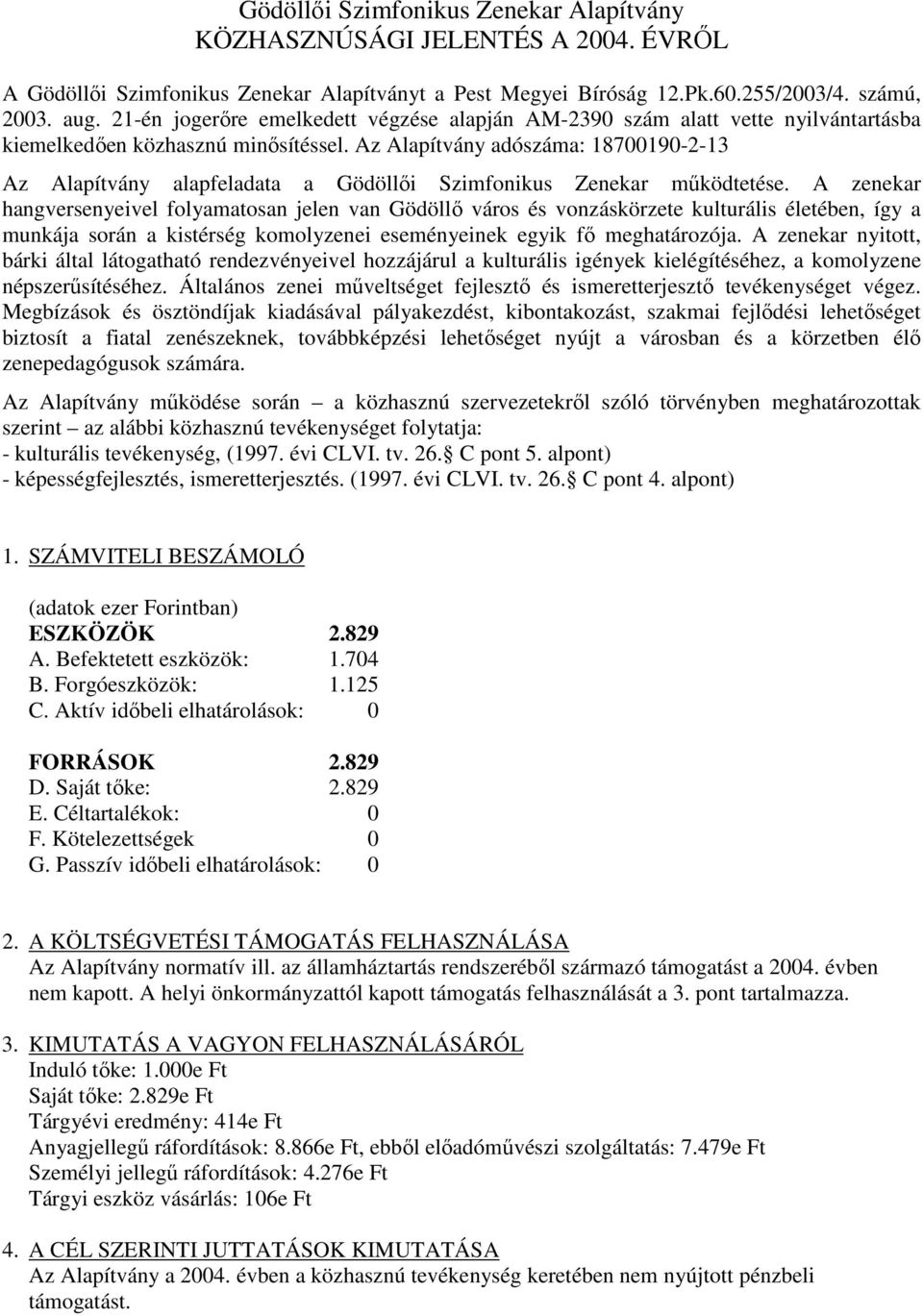 Az Alapítvány adószáma: 18700190-2-13 Az Alapítvány alapfeladata a Gödöllıi Szimfonikus Zenekar mőködtetése.