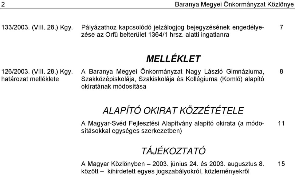 határozat melléklete MELLÉKLET A Baranya Megyei Önkormányzat Nagy László Gimnáziuma, Szakközépiskolája, Szakiskolája és Kollégiuma (Komló) alapító okiratának