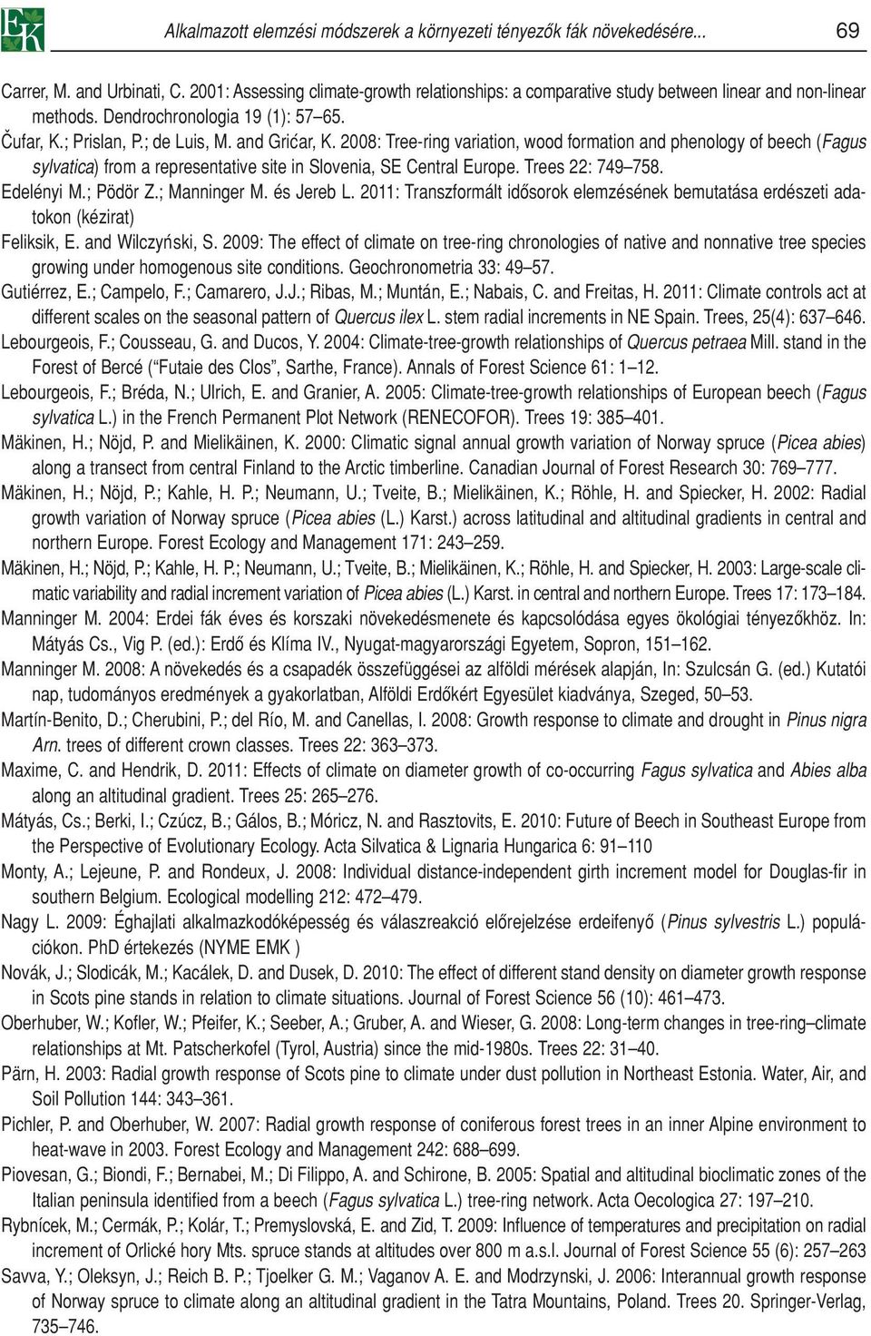 2008: Tree-ring variation, wood formation and phenology of beech (Fagus sylvatica) from a representative site in Slovenia, SE Central Europe. Trees 22: 749 758. Edelényi M.; Pödör Z.; Manninger M.