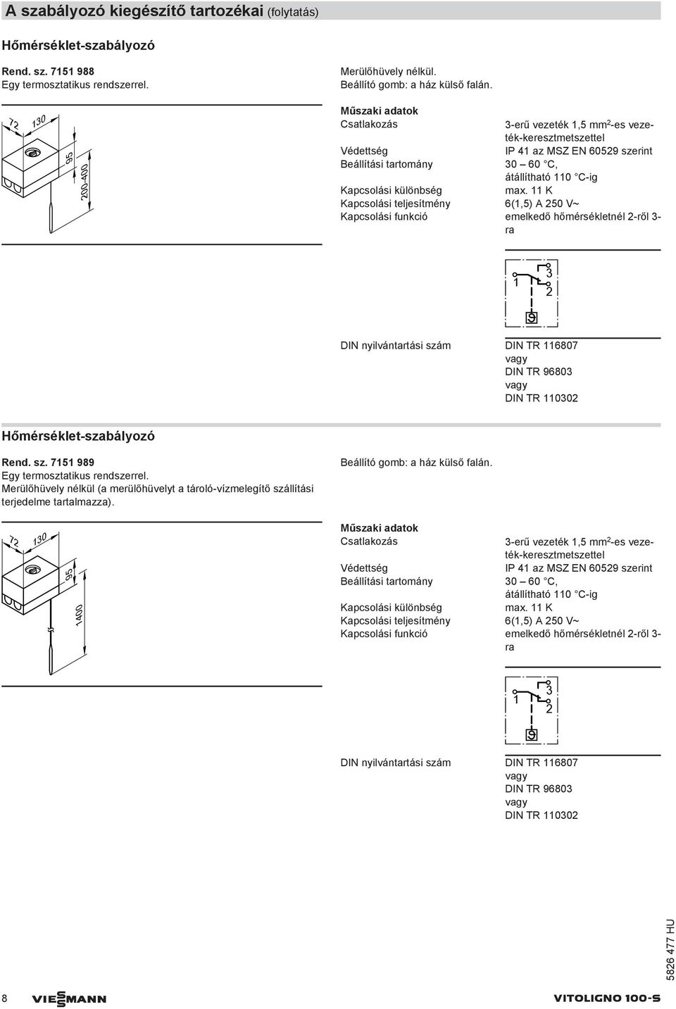 max. 11 K Kapcsolási teljesítmény 6(1,5) A 50 V~ Kapcsolási funkció emelkedő hőmérsékletnél -ről - ra 1 DIN nyilvántartási szám DIN TR 116807 DIN TR 9680 DIN TR 1100 Hőmérséklet-szabályozó Rend. sz. 7151 989 Egy termosztatikus rendszerrel.