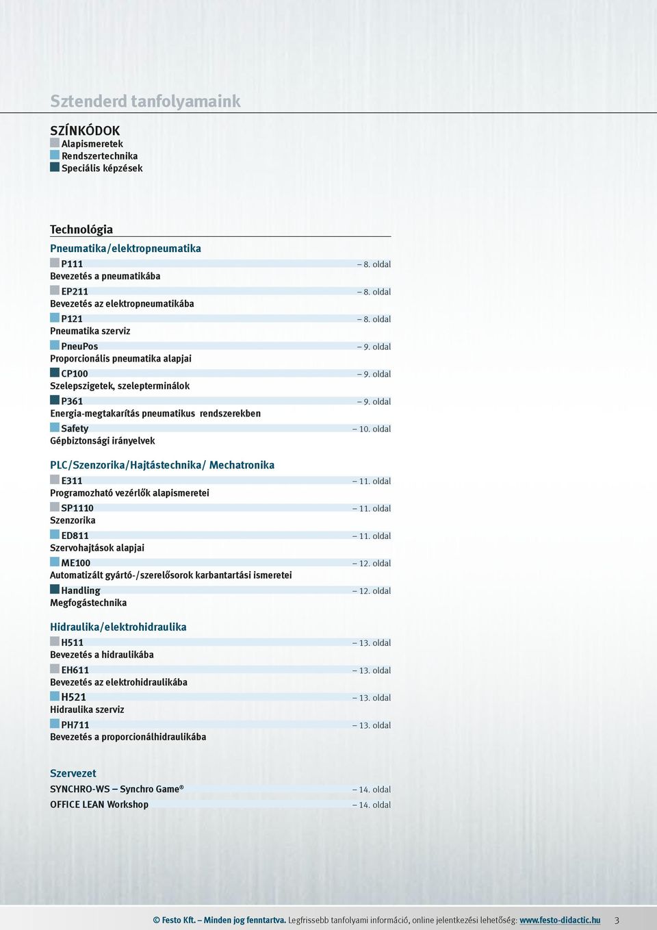 PLC/Szenzorika/Hajtástechnika/ Mechatronika E311 Programozható vezérlők alapismeretei SP1110 Szenzorika ED811 Szervohajtások alapjai ME100 Automatizált gyártó-/szerelősorok karbantartási ismeretei