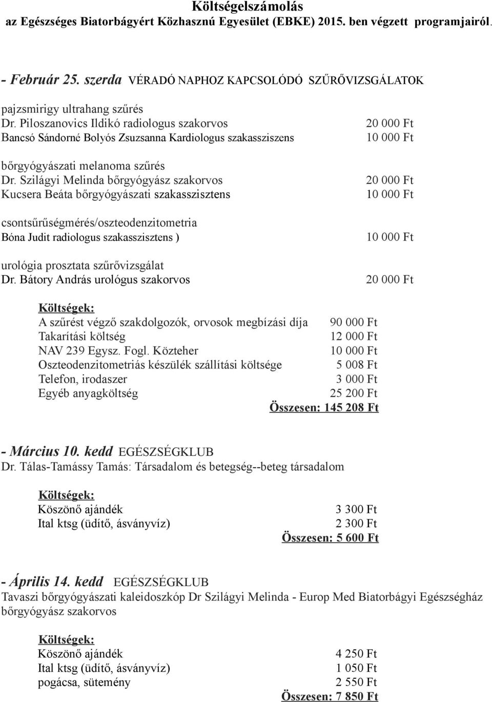 Piloszanovics Ildikó radiologus szakorvos 20 000 Ft Bancsó Sándorné Bolyós Zsuzsanna Kardiologus szakassziszens 10 000 Ft bőrgyógyászati melanoma szűrés Dr.