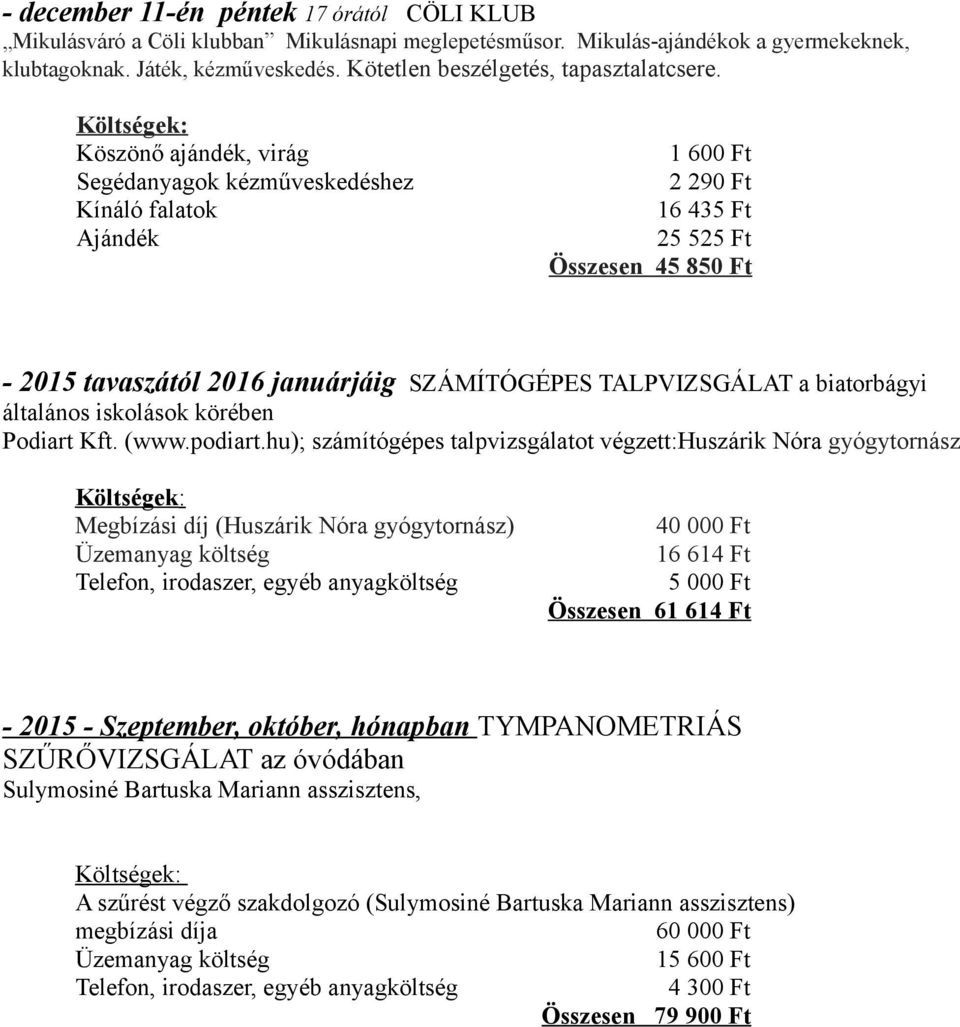 Köszönő ajándék, virág 1 600 Ft Segédanyagok kézműveskedéshez 2 290 Ft Kínáló falatok Ajándék 16 435 Ft 25 525 Ft Összesen 45 850 Ft - 2015 tavaszától 2016 januárjáig SZÁMÍTÓGÉPES TALPVIZSGÁLAT a