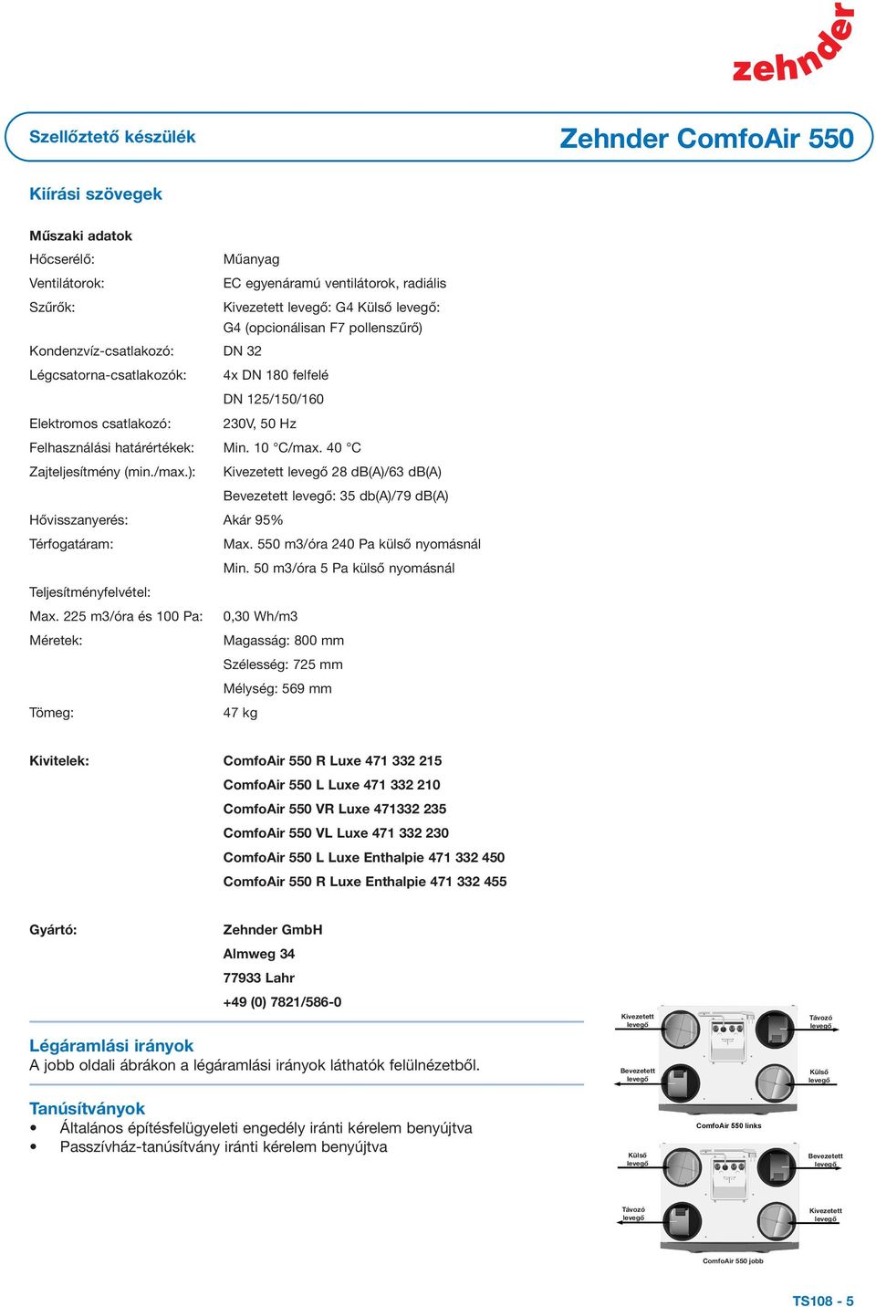 Elektromos csatlakozó: 230V, 50 Hz Luftkanalanschlüsse: 4x DN180 nach oben Felhasználási Elektroanschluss: határértékek: Min. 230V, 10 50 C/max. Hz 40 C Zajteljesítmény Einsatzgrenzen: (min./max.): Kivezetett min.