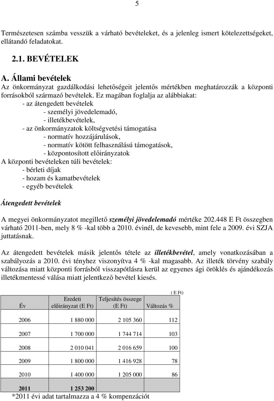 Ez magában foglalja az alábbiakat: - az átengedett bevételek - személyi jövedelemadó, - illetékbevételek, - az önkormányzatok költségvetési támogatása - normatív hozzájárulások, - normatív kötött